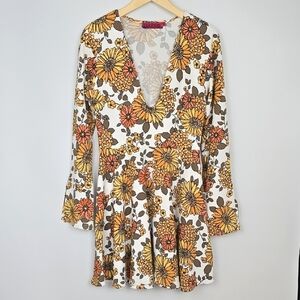 BOOHOO Women's Dress Boho Sunflower Yellow Orange White Slit Bell Sleeves Sz 10